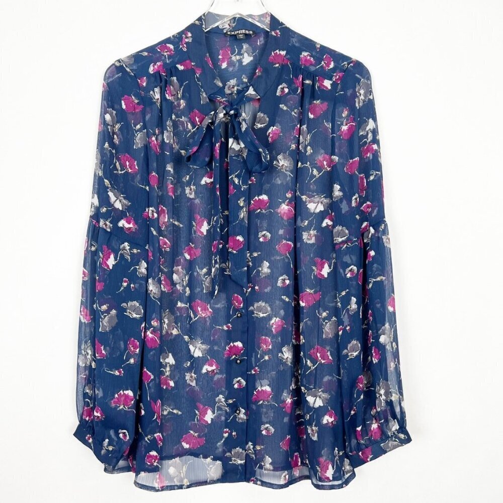 Express Sheer Floral Print Blouse Size L Tie-Front Pussycat Bow Balloon Sleeves